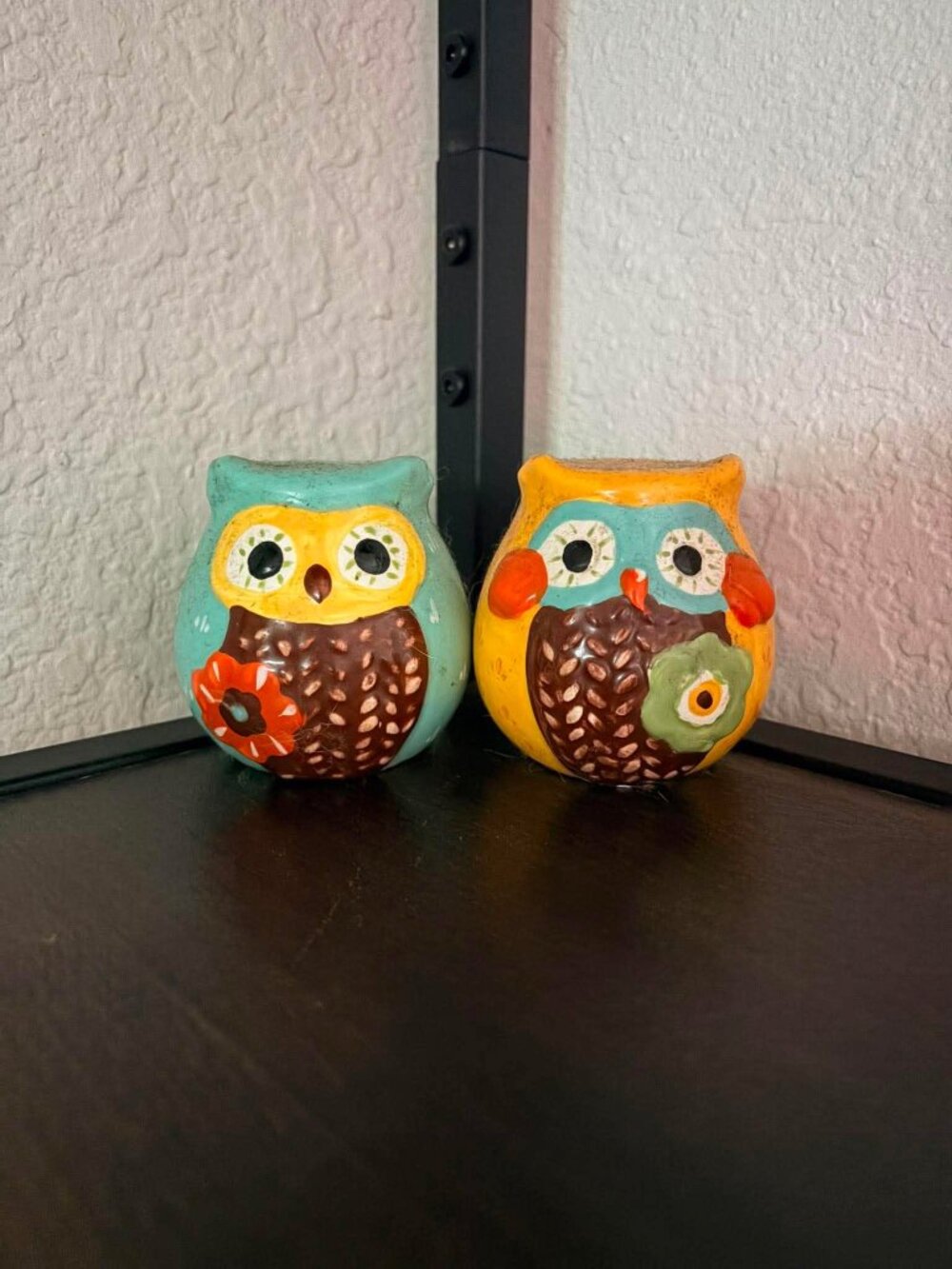Set of 2 Colorful Ceramic Owl Figurines Hand Painted Woodland Cottagecore Decor